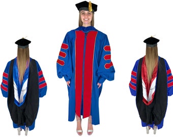 Blue & Red Doctoral Gown, Hood, and Tam Deluxe Set | Academic Attire for University Doctorate Students, Professors, and Faculty