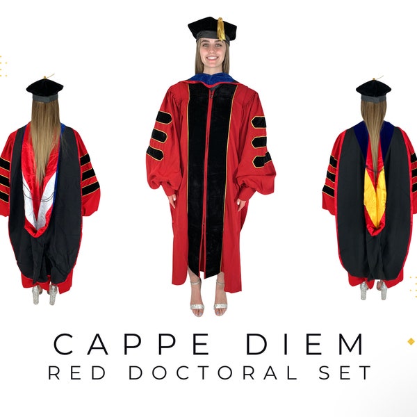 Cappe Diem Doctoral Red Gown, Hood, and Tam Deluxe Deluxe Set | Graduation Attire for University Doctorate Students, Professors, and Faculty