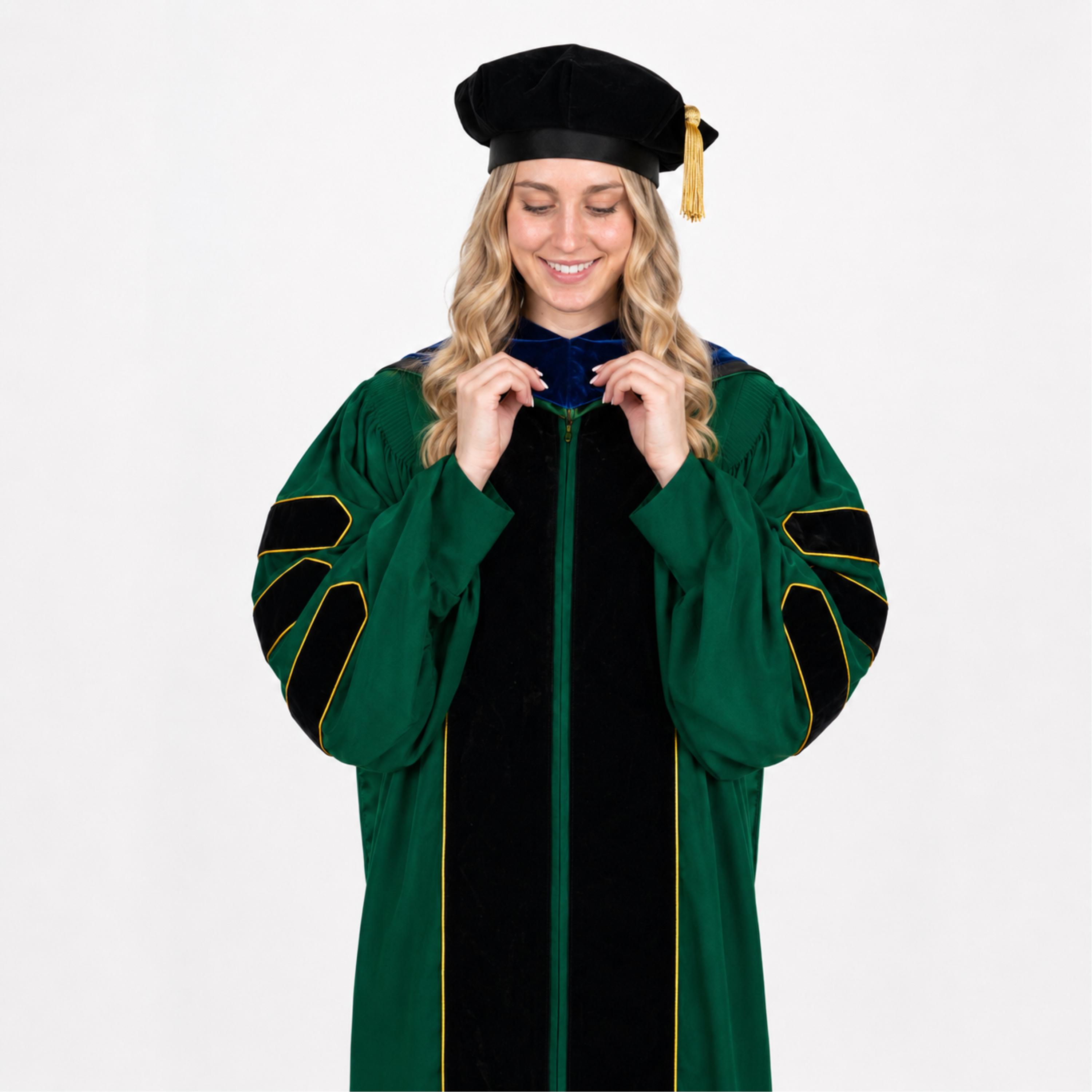 Green Doctoral Gown and Tam Deluxe Graduation Set | Graduate Attire for University Doctorate Students, Professors, and Faculty