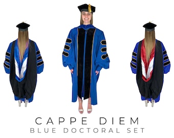 Cappe Diem Doctoral blauwe jurk, capuchon en Tam Deluxe Deluxe-set | Afstudeerkleding voor universitaire doctoraatsstudenten, professoren en docenten
