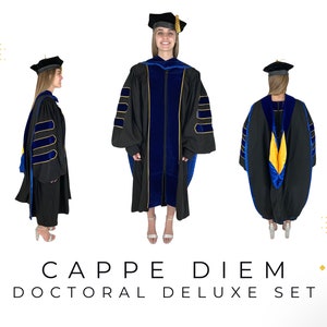 Cappe Diem Doctoral PhD Blue Gown, Hood, and Tam Deluxe Set | Graduation Attire for University Doctorate Students, Professors, and Faculty