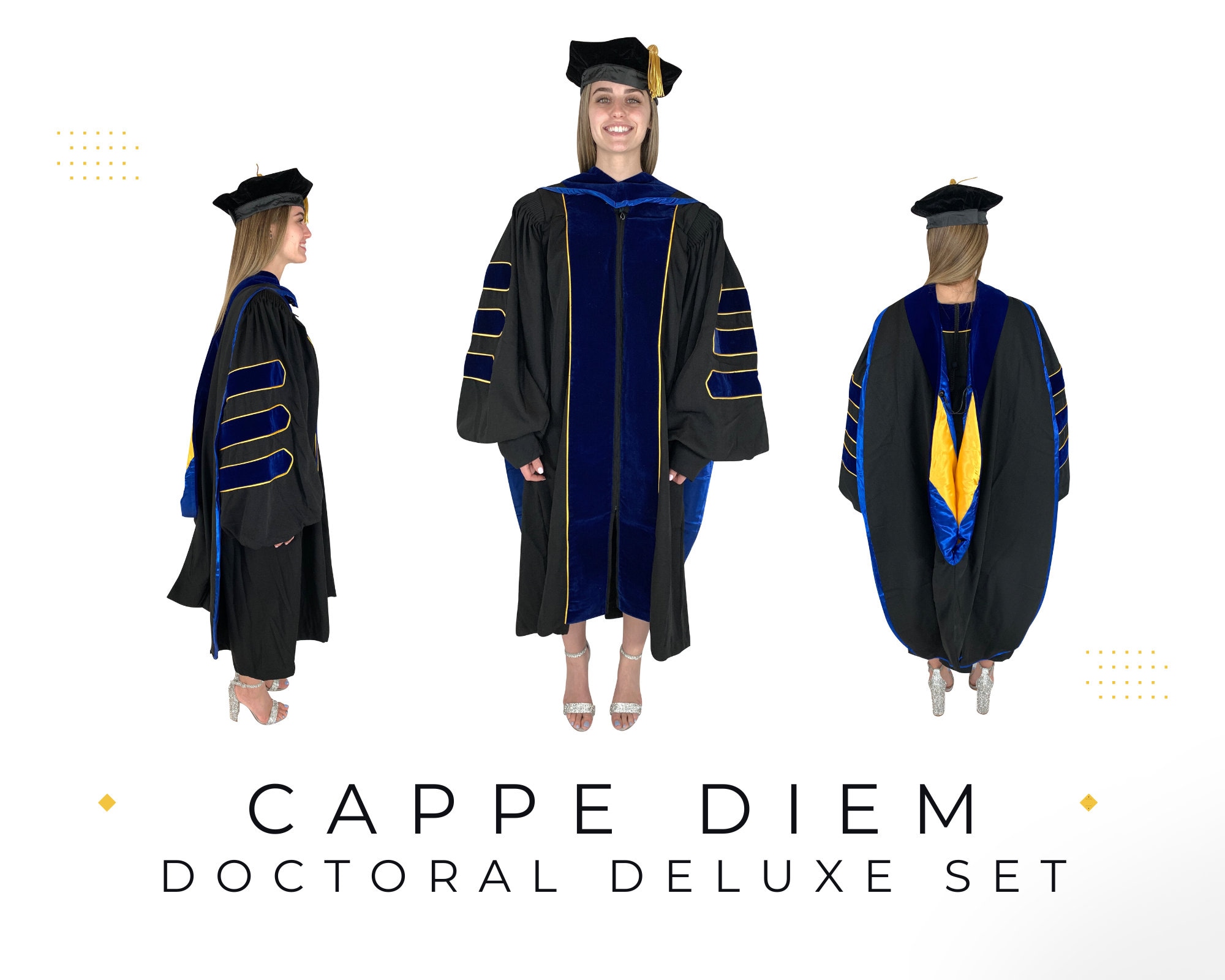 Cappe Diem Doctoral Phd Blue Gown, Hood, and Tam Deluxe Set Graduation