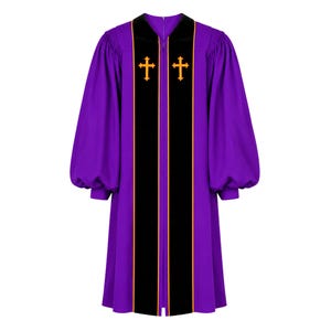 May include: A vibrant purple choir robe featuring long, full sleeves and a central black velvet panel. The black panel is accented with thin orange piping and features two embroidered orange crosses, one on each side of the chest area.