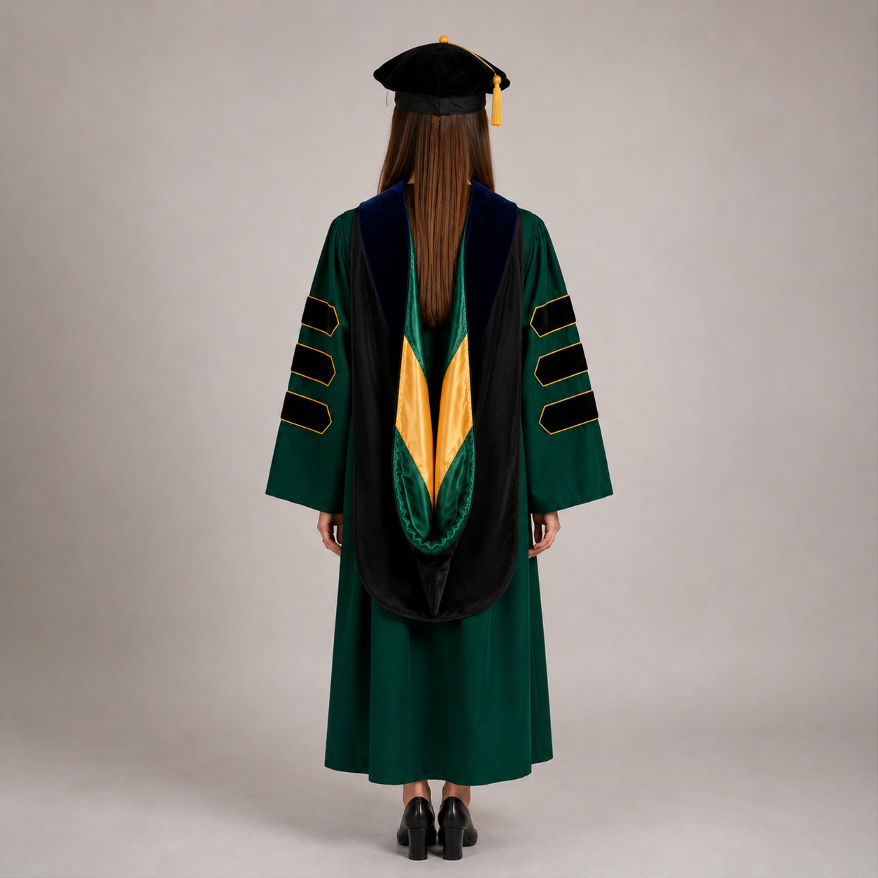 Green Doctoral Gown and Tam Deluxe Graduation Set | Graduate Attire for University Doctorate Students, Professors, and Faculty