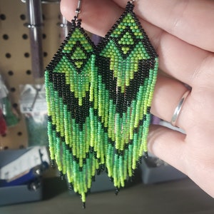 Long Green and Black Fringe earrings / Boho inspired shoulder dusters