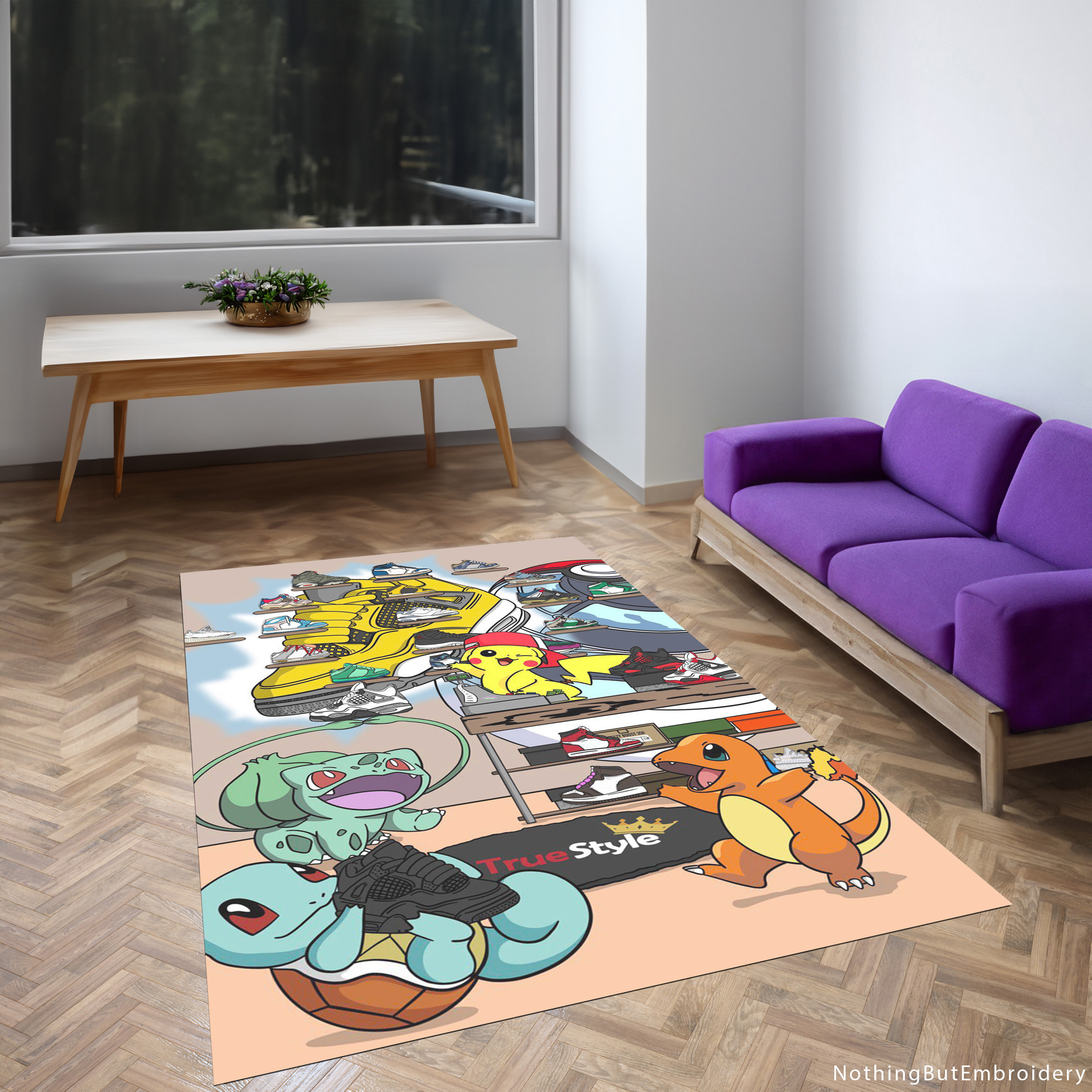 Discover Handmade Modern Rug with Pika and Sneakers Design, Perfect for Kids Room, Unique Print, Novelty PKM Inspired Area Rug, Washable Rug