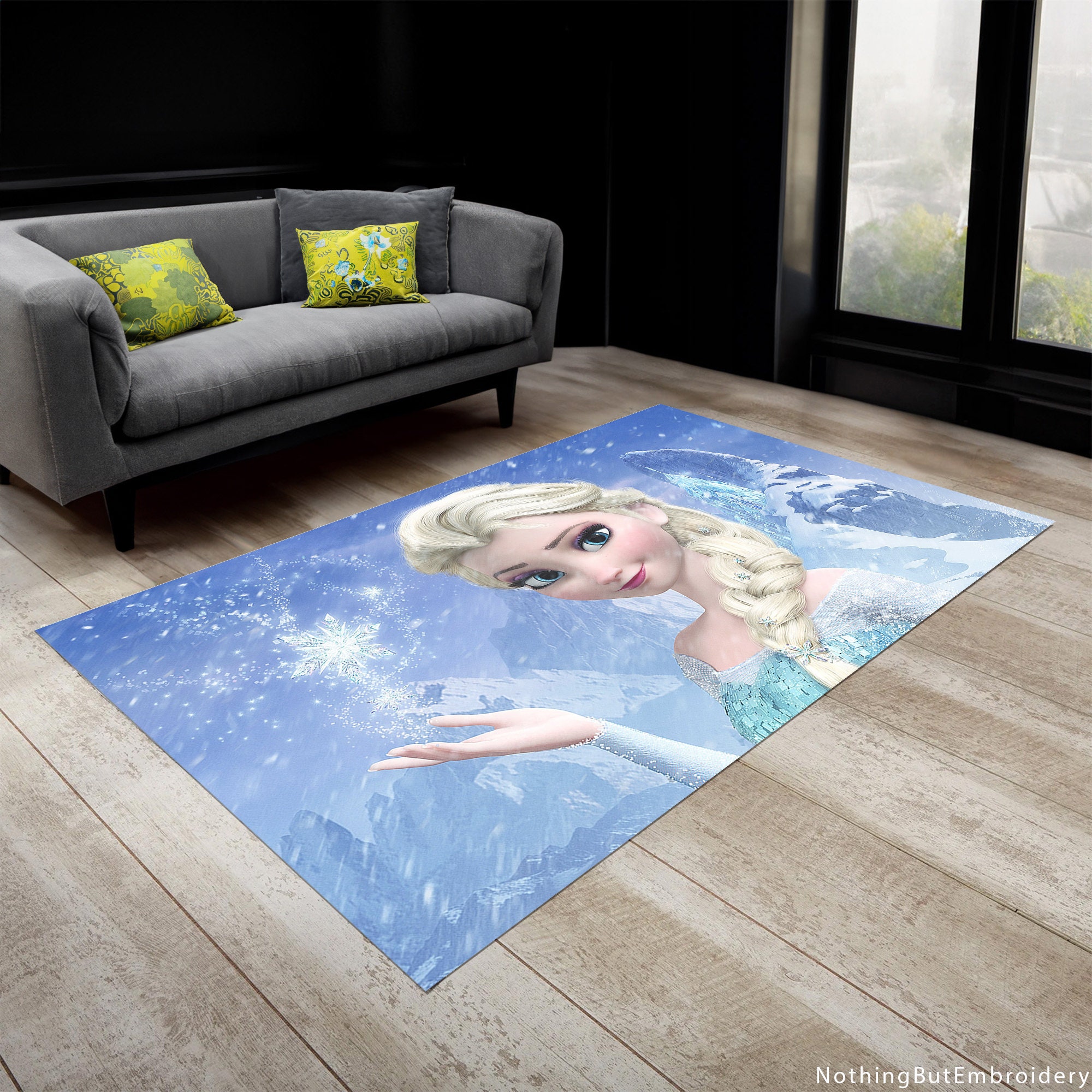 Discover Frozen Inspired Printed Rug, Blue Themed Rug, Princess Decor, Snowflake Pattern Kids Room Decor, Premium Quality, Perfect Gift for Children