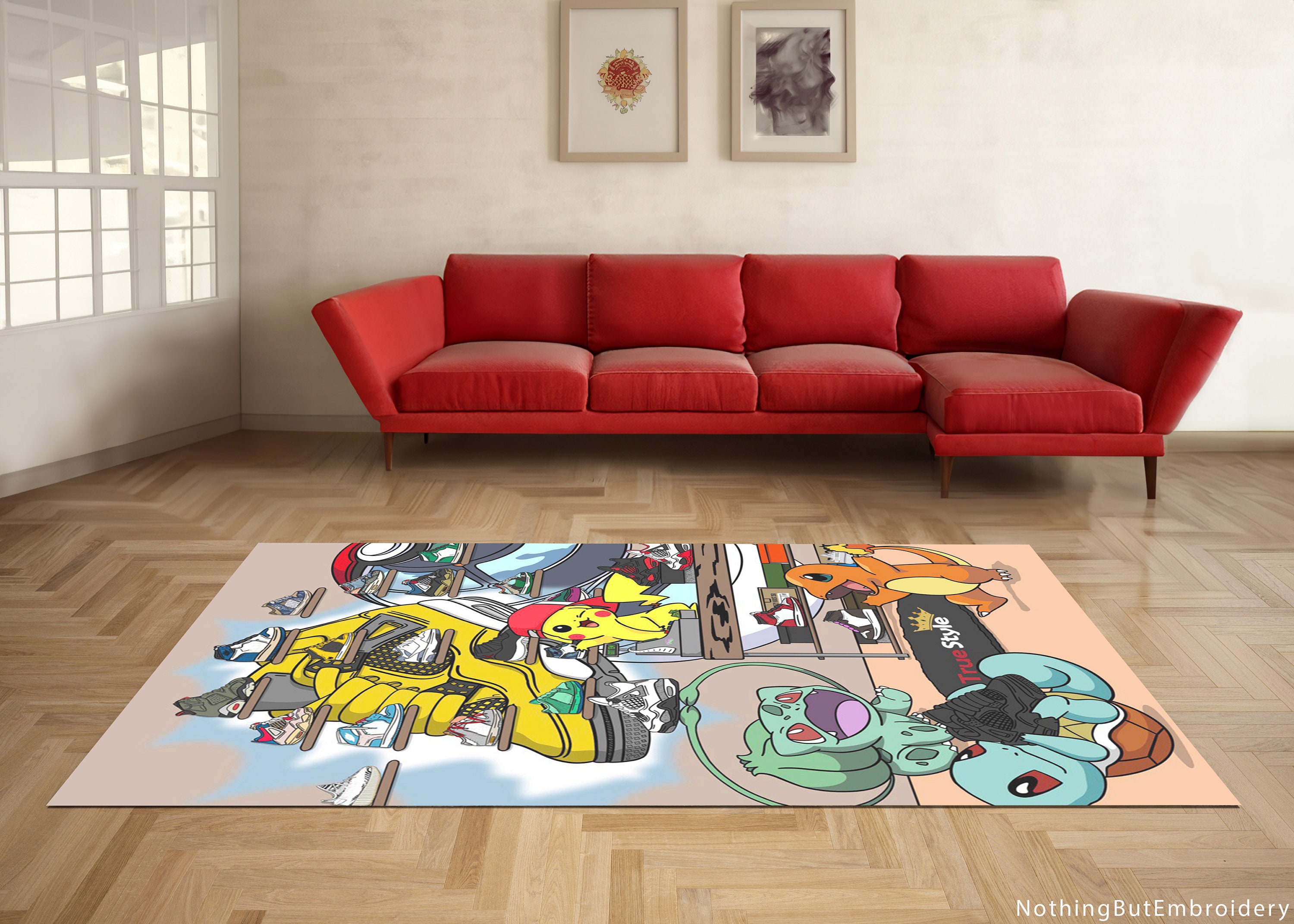 Discover Handmade Modern Rug with Pika and Sneakers Design, Perfect for Kids Room, Unique Print, Novelty PKM Inspired Area Rug, Washable Rug