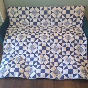 Handmade 75 x 75 inch patchwork quilt blue and white