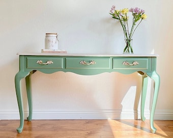 Modernized Green & Beige French Provincial Console Table | Entryway Table with 3 Drawers