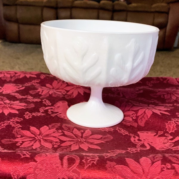 Vintage 1975 FTD Milk Glass Compote Leaf Pattern Pedestal Vase