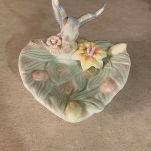 Vintage Ceramic Hummingbird & Heart w/Flowers Trinket Dish