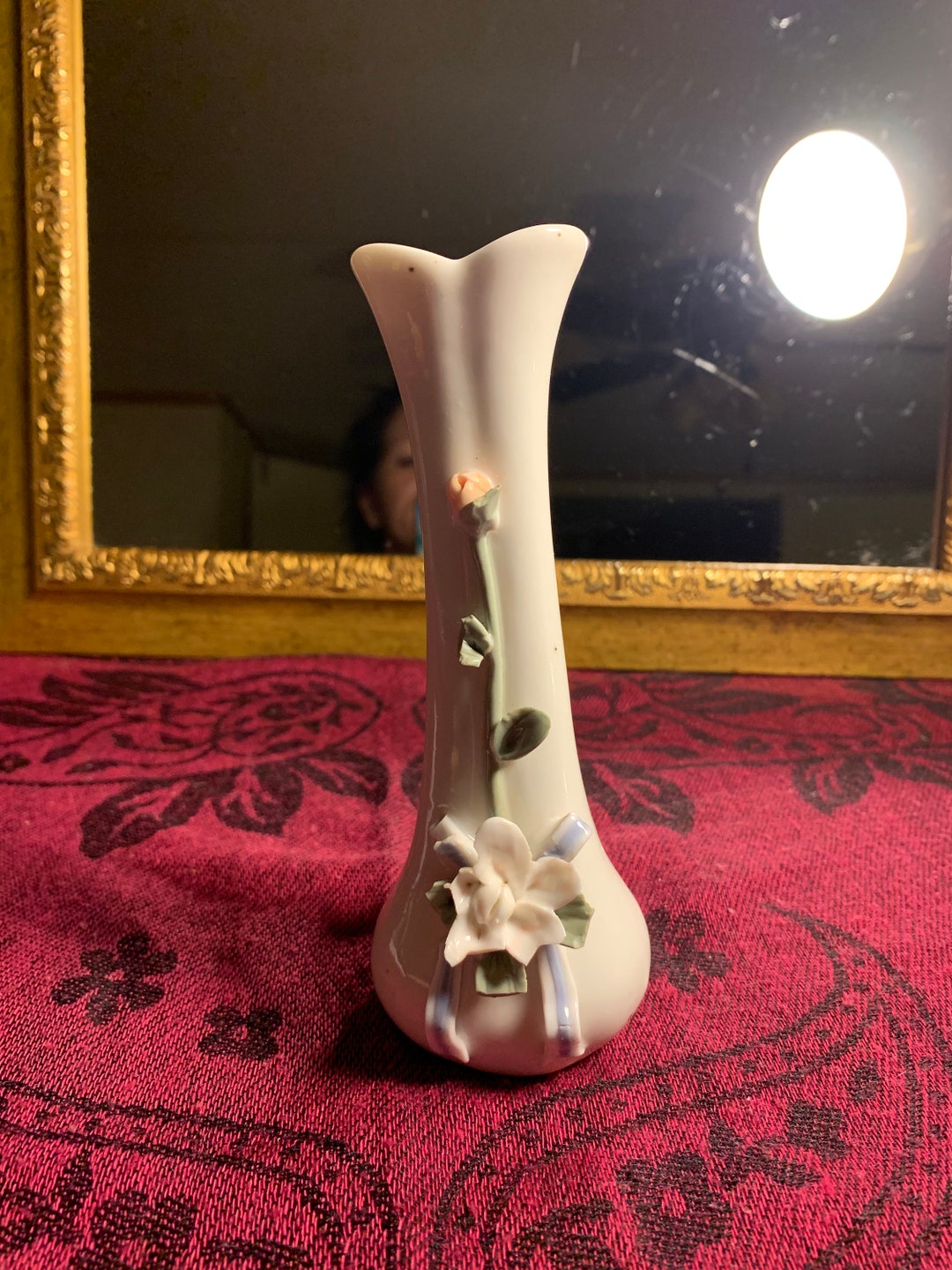 Vintage White Bud Vase Roses and Leaves Pattern Etsy