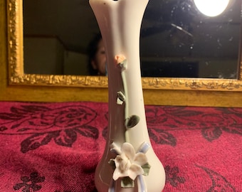 Vintage White Bud Vase; Roses and Leaves Pattern