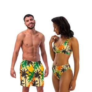 Matching Swimsuits For Couples - Tropical Couples Swimwear Set - His and Hers Matching Bathing Suits - High Waisted Bikini and Trunks