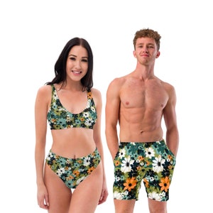 Floral Matching Swimsuits For Couples - Tropical Couples Swimwear - Green Bikini and Trunks For Beach- Matching His and Hers Bathing Suits