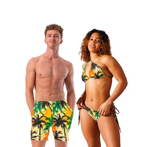 COUPLES MATCHING SWIMSUITS - Green Yellow Tropical Palm Trees Print Mix and Match His and Hers Matching Bathing Suits for Honeymoon Beach