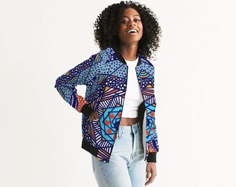 Coastal Blue Womens Bomber Jacket - Light Jacket For Ladies - Fall Jacket For Women - African Jacket