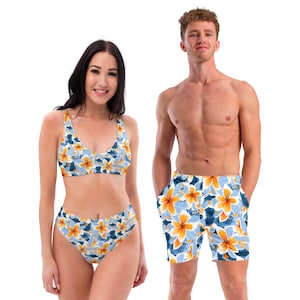 Floral Matching Swimsuits For Couples - Tropical Couples Swimwear - Blue Bikini and Trunks For Beach- Matching His and Hers Bathing Suits