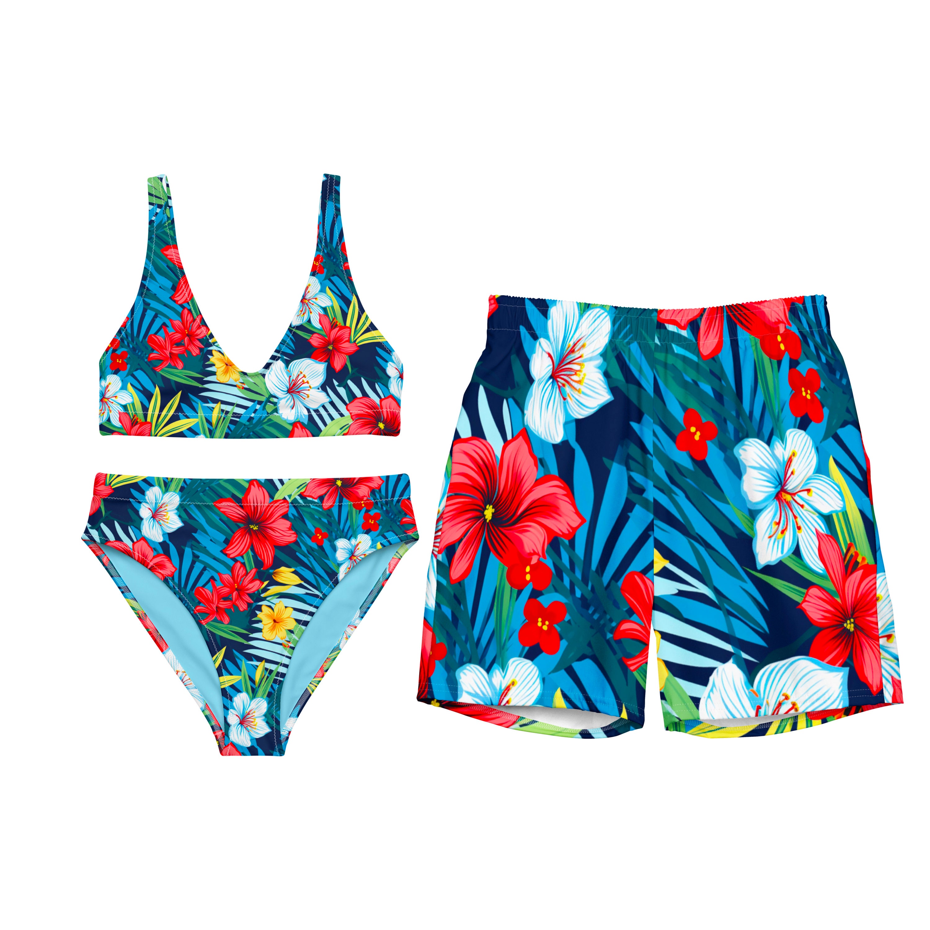 Pool Matching Set MATCHING SWIMSUITS for Couples - Blue Red White Tropical Floral His and ...
