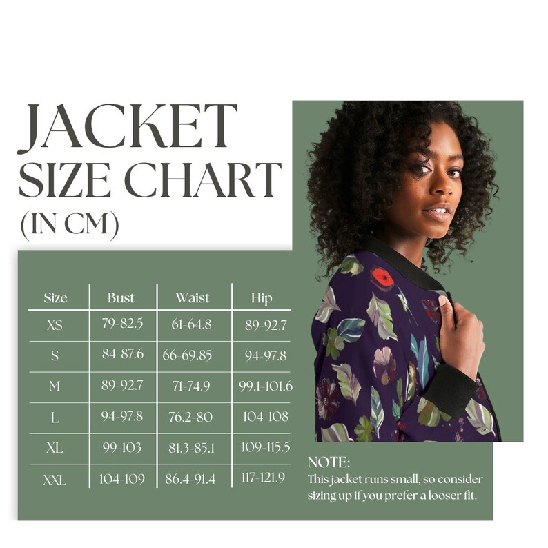May include: A size chart for a jacket in centimeters. The chart shows the size, bust, waist, and hip measurements for sizes XS to XXL. The note at the bottom of the chart says "This jacket runs small, so consider sizing up if you prefer a looser fit."