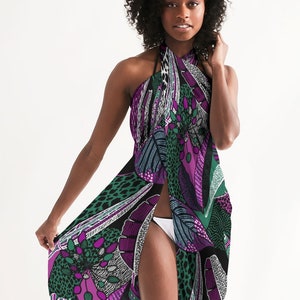 WOMENS SWIM COVERUP - Sheer Sarong Wrap - Sheer Scarf - Tropical Swimsuit Coverup - Purple and Green Swim Cover Up - Long Sarong Wrap