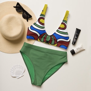 Damen-Badeanzug, hoch taillierter grüner Farbblock-Bikini