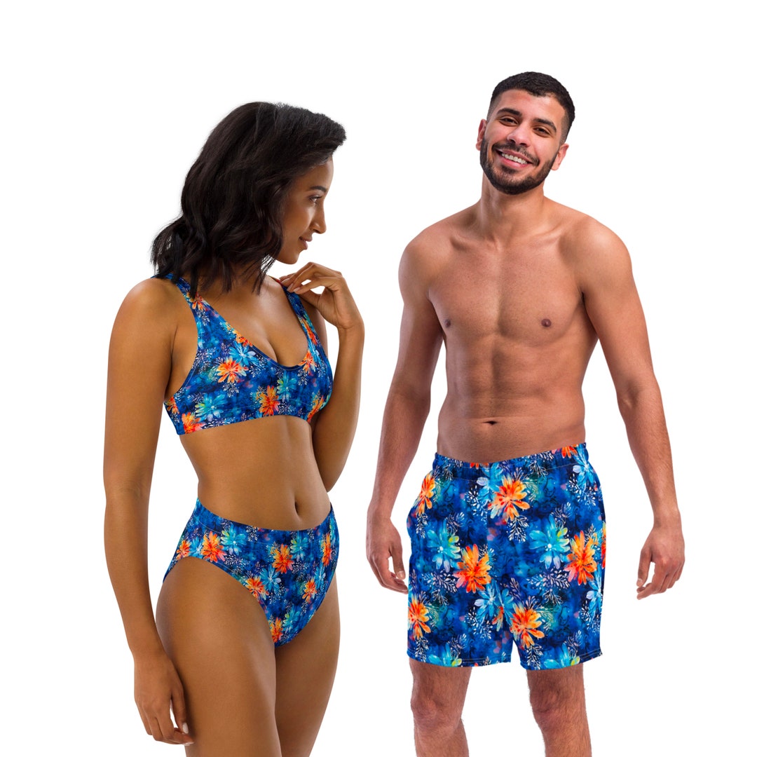 Matching Couples Swimsuits Tropical Couples Swimwear Set Floral Blue