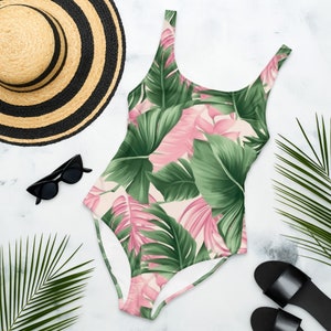 ONE PIECE SWIMSUIT for Women - Pink and Green Modest Swimwear - Tropical Bathing Suit - Summer Vacation Wear Gift for Her