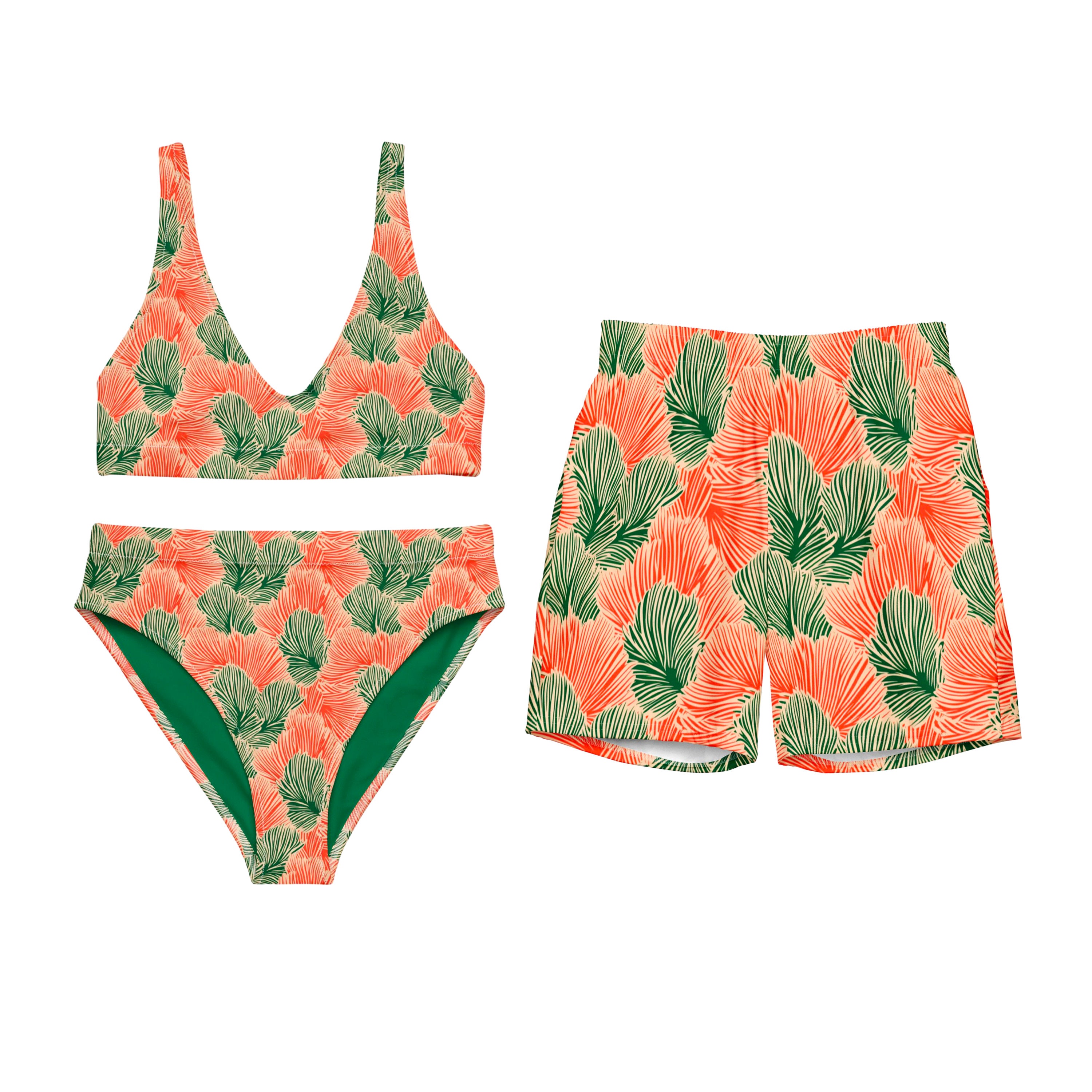 Matching Swimsuits for Couples His and Hers Swimwear Tropical Green and Peach Couples Matching