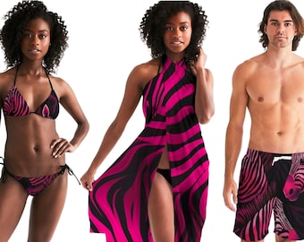 Matching Swimsuits for Couples - His and Hers Swimwear Set - Pink Zebra Couples Swimsuits