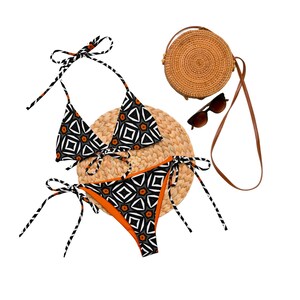 TRIANGLE BIKINI SWIMSUIT - Sexy Swimwear - Black White Orange Two Piece Bikini Set - Plus Size Bathing Suit Gift for Her