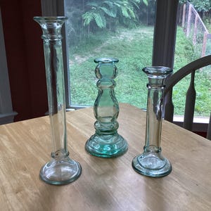 3 Rustic Green glass Candle Holders
