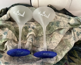 2 Grey Goose martini glasses with speckled blue base