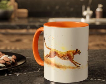 Cheetah, Watercolor, Safari, Nature, Wildlife, Savannah, Run, Dash, Gold, Pattern Spots, Animal, Cat, Fast, White, Sunset, Coffee Mug 11oz