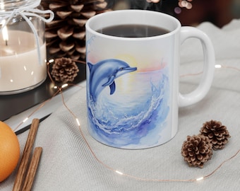 Océan, Dauphin, Orque, Aquarelle, Nature, Eau, Mer, Animal marin, Bleu, Terre, Faune, Noir, Poisson, Blanc, Tasse à café de 11 à 15 oz