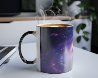 Galaxie, étoiles, groupe, nébuleuse, univers, cosmos, céleste, nature, violet, bleu, espace, noir, coloré, blanc, tasse à café magique 11 oz