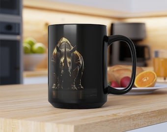 King Rhino, African Safari, Asia, Nature, Strength, Golden Armor, Wildlife Lover, Animal, Sci-Fi Art, Fun, Gray, Large Black Coffee Mug 15oz