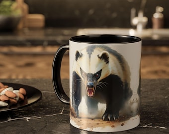 Honey Badger, Safari, Watercolor Art, Colorful, White, Nature, Wildlife, Brown, Small Animal, Fight, Black, Wolverine, Coffee Mug, 11-15oz