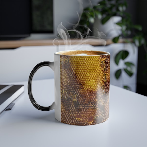 Beehive, Honey, Nature, Wildlife, Animals, Insects, Sweet, Queen, Garden, Meadow, Yellow, Gold, Black, Heat Reactive, Magic Coffee Mug, 11oz