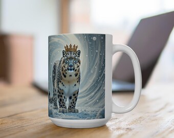 Snow Leopard King, Mountain, Big Cat, Frozen Forest, Animal, Nature, Wildlife, Winter, Ice, Snow, Gold, Black, White, Large Coffee Mug, 15oz