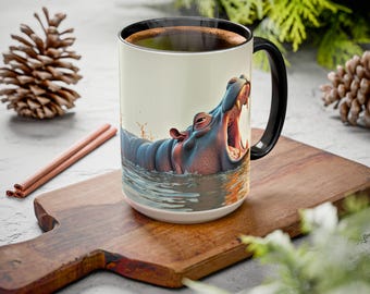 Hippopotamus, Watercolor, African Safari, Wildlife Gift, Sunrise, Sunset, Gold, Blue, Fun, Animal, Water, White, Black, Coffee Mug 11-15oz