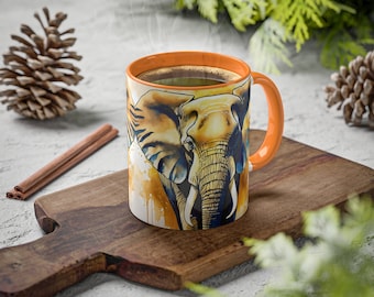 Aquarelle, Safari africain, Amoureux de la faune, Savane, Mammifère, Or, Bleu, Amusement, Animal, Défense, Tronc, Blanc, Noir, Tasse à café 11 oz