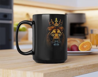 King Lion, Male, Big Cat, African Safari, Savannah, Crown, Gold, Nature, Wildlife, Sci-fi Art, Animal, Brown, Black, Large Coffee Mug, 15oz
