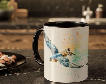Peregrine Falcon, Watercolor, Colorful, White, Nature, Wings, Fast Birds, Animal, Gold, Blue, Black, Wildlife, Fly Sky Art, Coffee Mug, 11oz