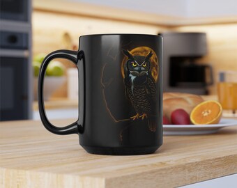 Chouette royale, Lune, Forêt, Animal, Amoureux des oiseaux, Aile de nuit, Nature, Faune, Or, Marron, Montagne, Noir, Blanc, Grande tasse à café, 15 oz