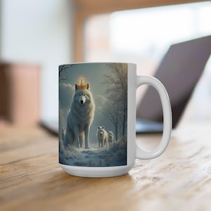 White Wolf, Pack Leader, King, Dog, Pattern, Animal, Arctic Forest, Wildlife, Ice, Snow, Winter, Golden, Black, Large Coffee Mug, 11-15oz