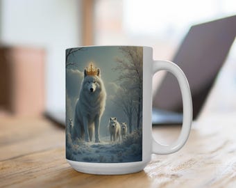 Modèle, Loup blanc, Chef de meute, Roi, Chien, Animal, Forêt arctique, Faune, Glace, Neige, Hiver, Or, Noir, Grande tasse à café, 11-15 oz