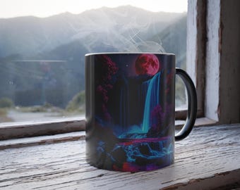 Night Waterfall 2, Flow River, Forest, Mountain, Nature, Sci-Fi Art, Pink, Sky, Stars, Moon, Purple, Blue, Red, Black, Magic Coffee Mug 11oz