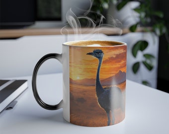 Ostrich, African Safari, Animal, Wildlife, Sunset, Sunrise, Sky, Nature, Tall Bird, Wings, Brown, Gold, Black, White, Magic Coffee Mug, 11oz